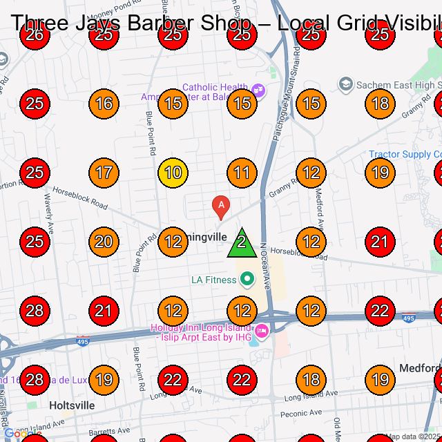 Three Jays Barber Shop GeoGrid visibility map for Barber Shop in Middle Island